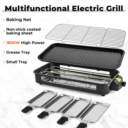2-in-1 1800W Smokeless Electric Grill Pan, Non-Stick Removable Indoor Cooking Plate